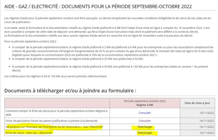 Documents aide Gaz / Electricité pour septembre et octobre 2022